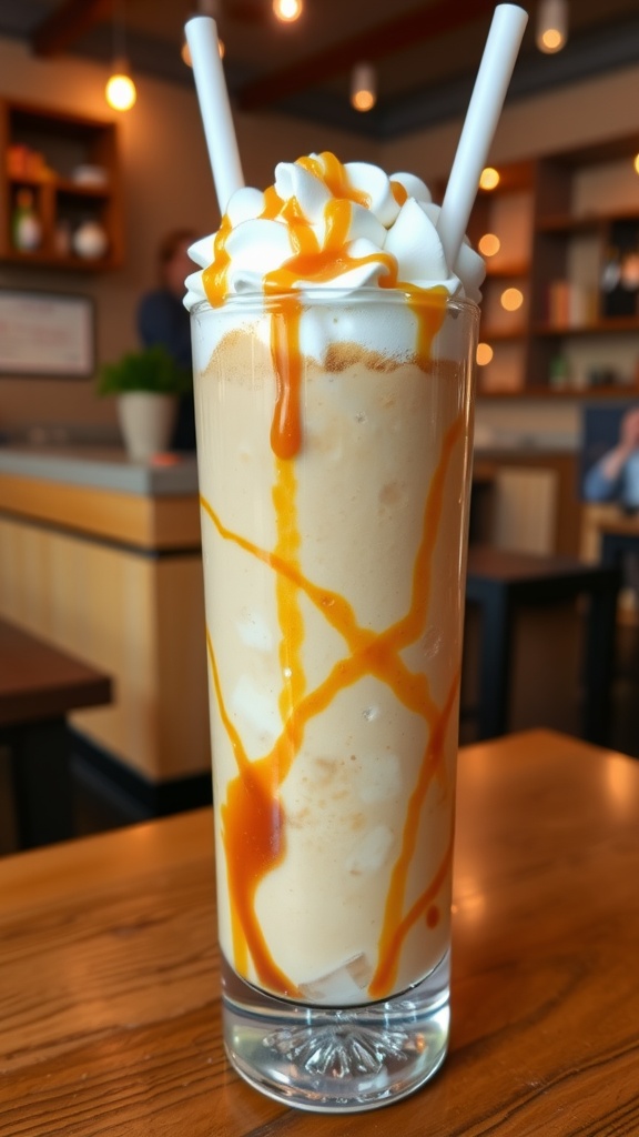 Iced caramel coffee in a tall glass with whipped cream and caramel drizzle on a wooden table.